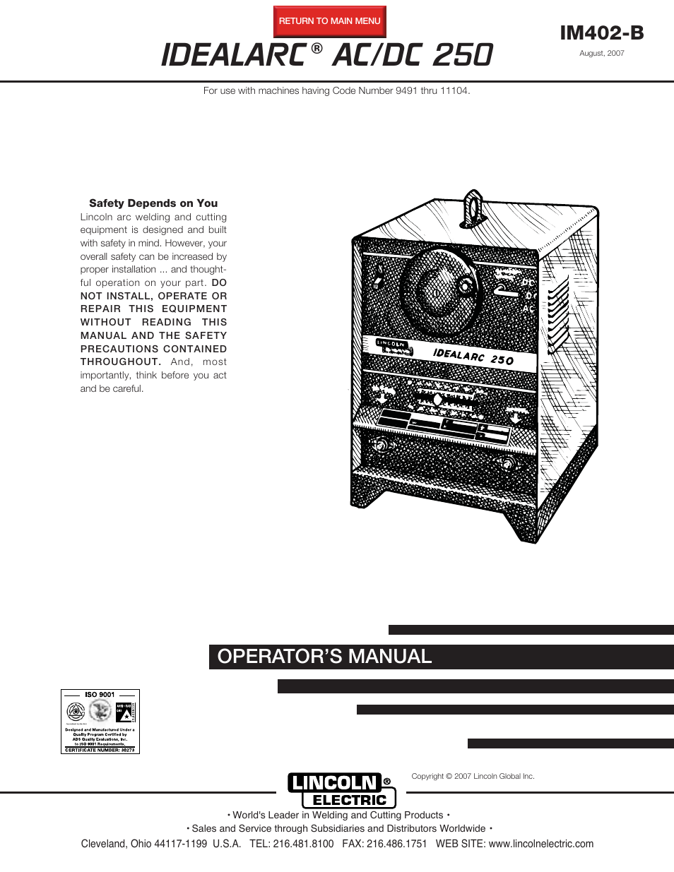 Lincoln Electric IM402 IDEALARC AC_DC 250 User Manual | 21 pages