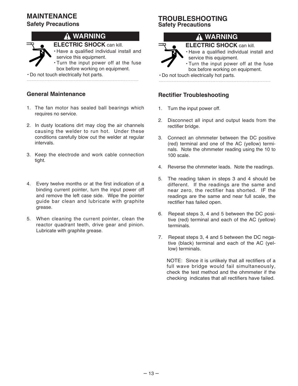 Maintenance, Troubleshooting, Warning | Lincoln Electric IM402 IDEALARC AC_DC 250 User Manual | Page 13 / 21