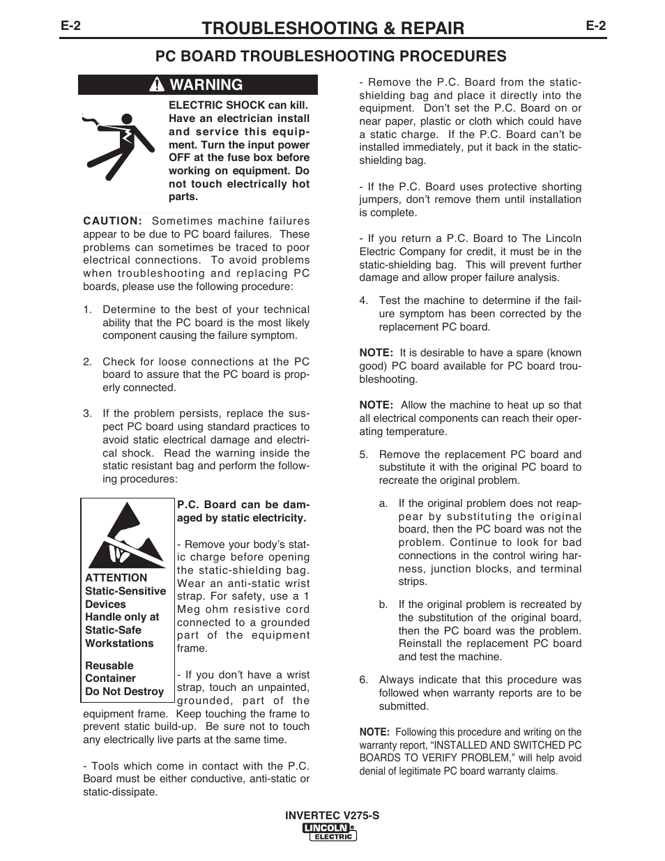 Troubleshooting & repair, Pc board troubleshooting procedures warning | Lincoln Electric IM802 INVERTEC V275-S User Manual | Page 20 / 33