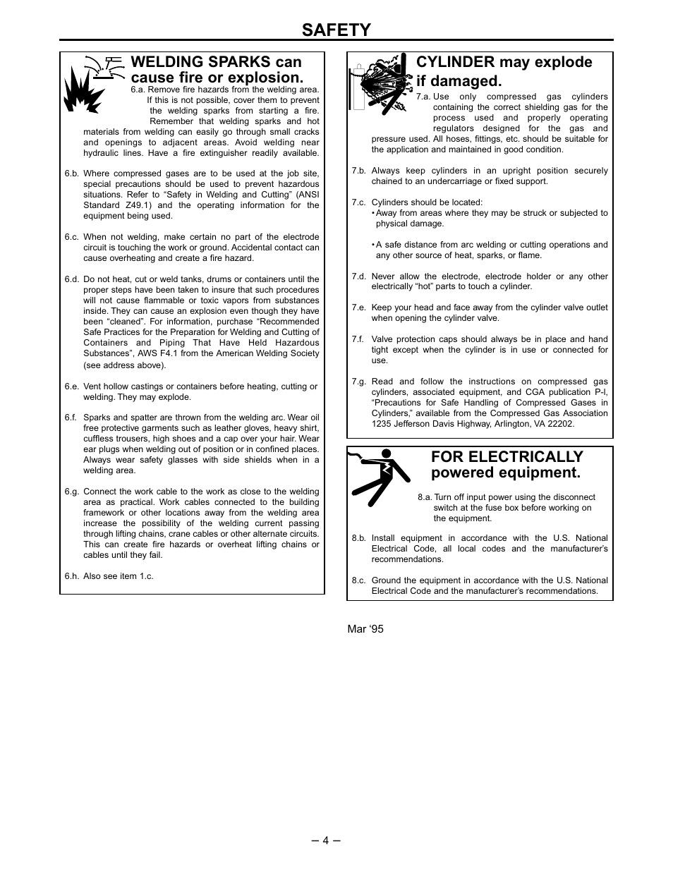 Safety, For electrically powered equipment, Cylinder may explode if damaged | Welding sparks can cause fire or explosion | Lincoln Electric IM348 AC-225-GLM User Manual | Page 4 / 28