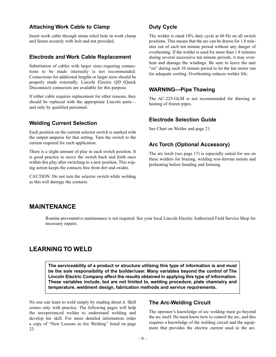 Maintenance, Learning to weld | Lincoln Electric IM348 AC-225-GLM User Manual | Page 9 / 28