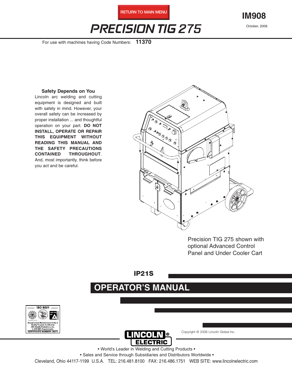 Lincoln Electric IM908 PRECISION TIG 275 User Manual | 46 pages