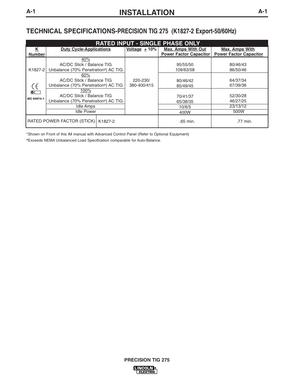 Installation, Rated input - single phase only | Lincoln Electric IM908 PRECISION TIG 275 User Manual | Page 10 / 46