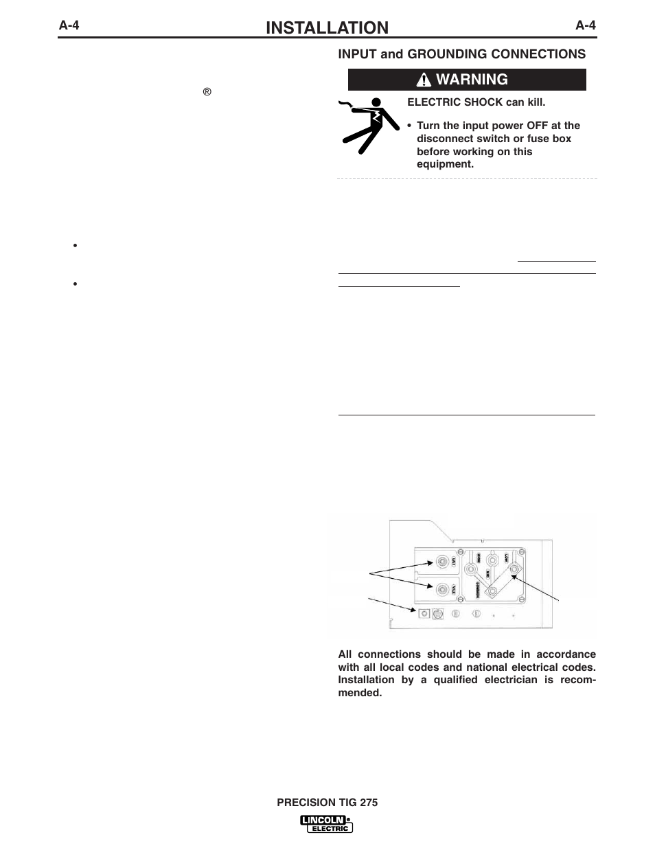 Installation, Warning | Lincoln Electric IM908 PRECISION TIG 275 User Manual | Page 13 / 46