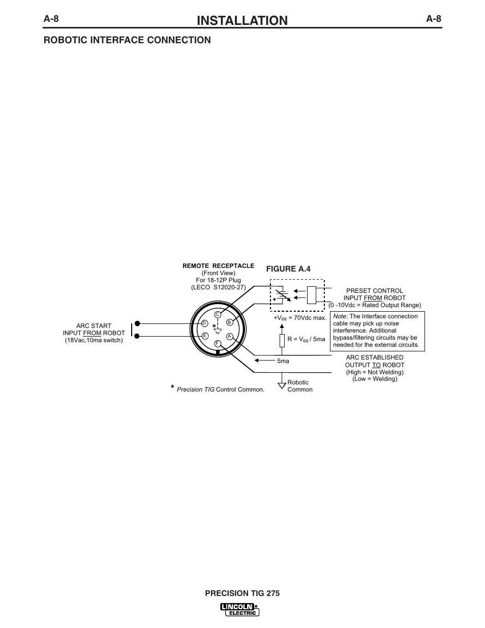 Installation, A-8 robotic interface connection | Lincoln Electric IM908 PRECISION TIG 275 User Manual | Page 17 / 46