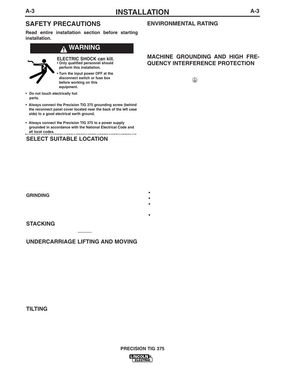 Installation, Safety precautions, Warning | Lincoln Electric IM703 PRECISION TIG 375 User Manual | Page 10 / 46