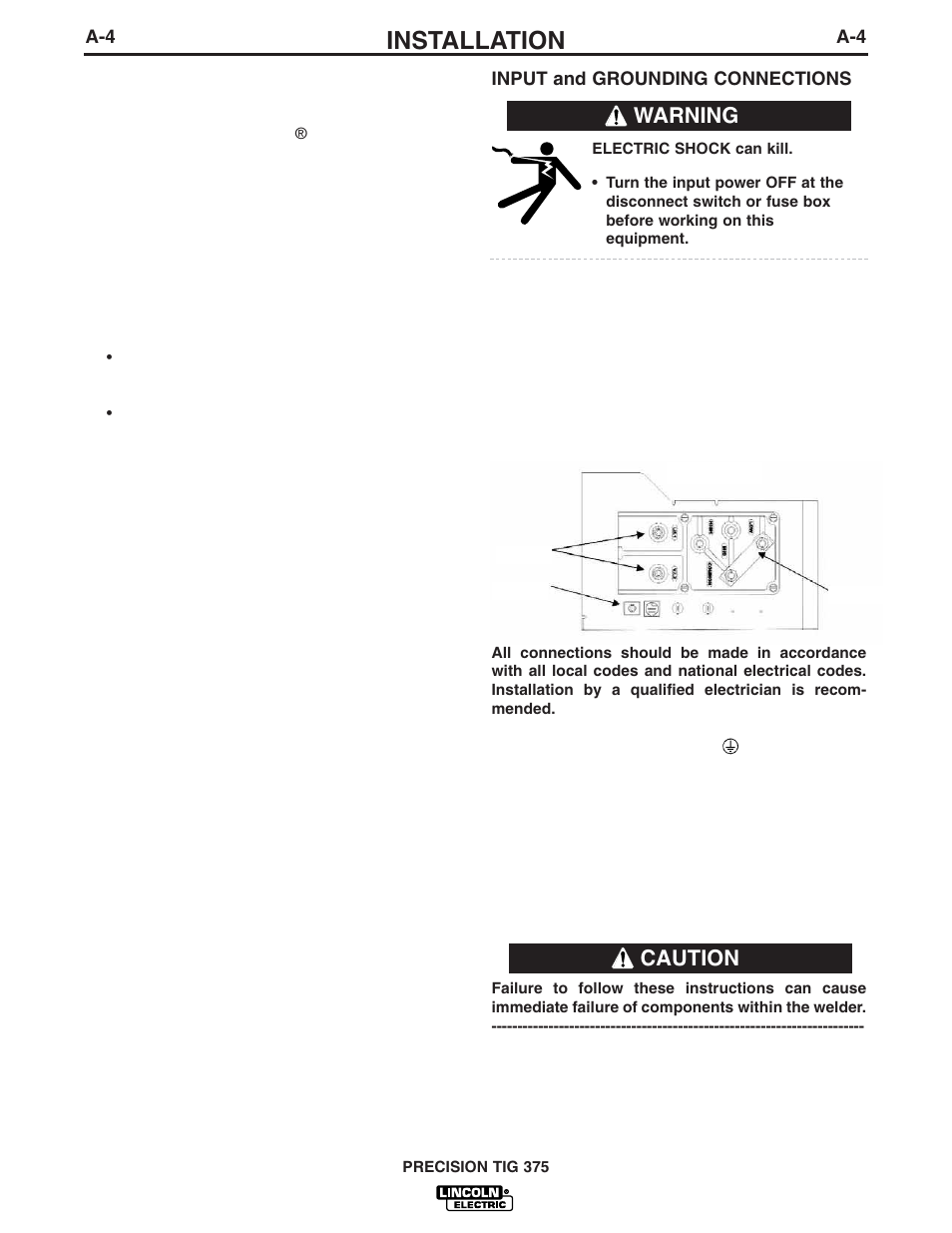 Installation, Warning, Caution | Lincoln Electric IM703 PRECISION TIG 375 User Manual | Page 11 / 46