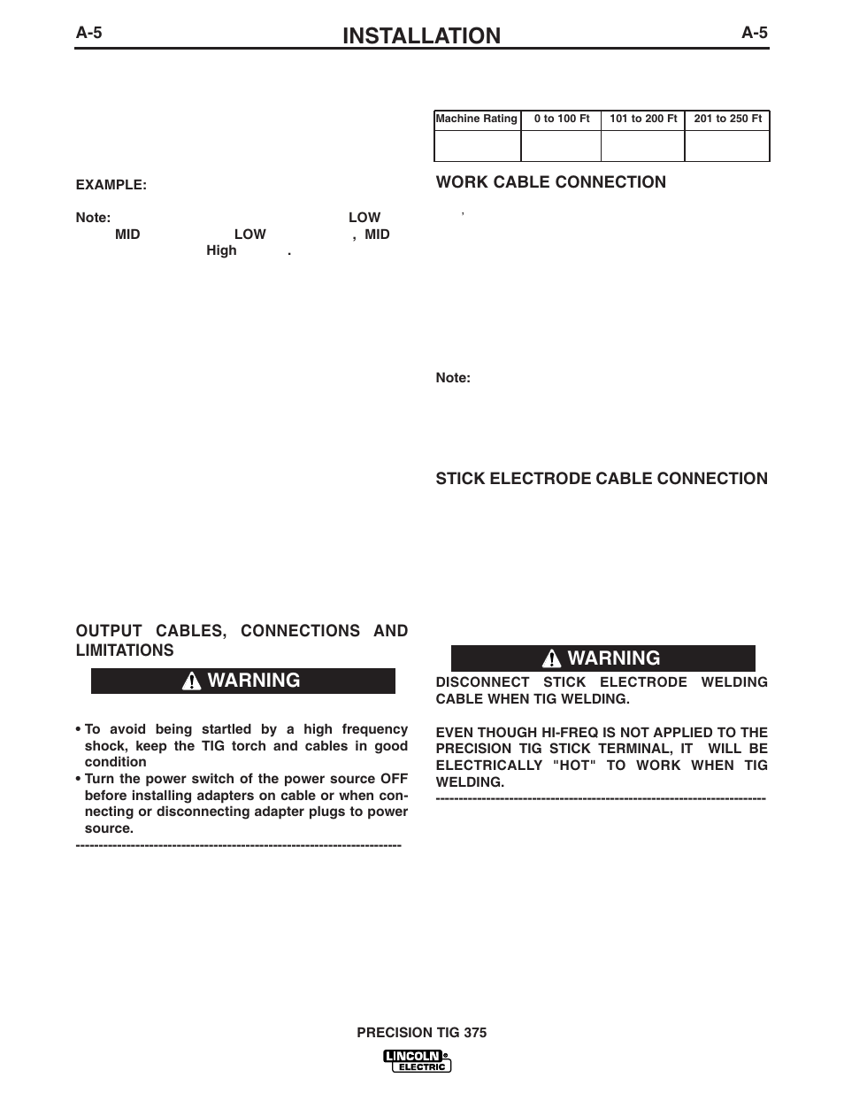 Installation, Warning | Lincoln Electric IM703 PRECISION TIG 375 User Manual | Page 12 / 46