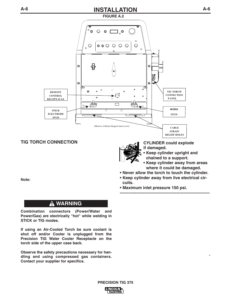 Installation, Warning, A-6 tig torch connection | Lincoln Electric IM703 PRECISION TIG 375 User Manual | Page 13 / 46