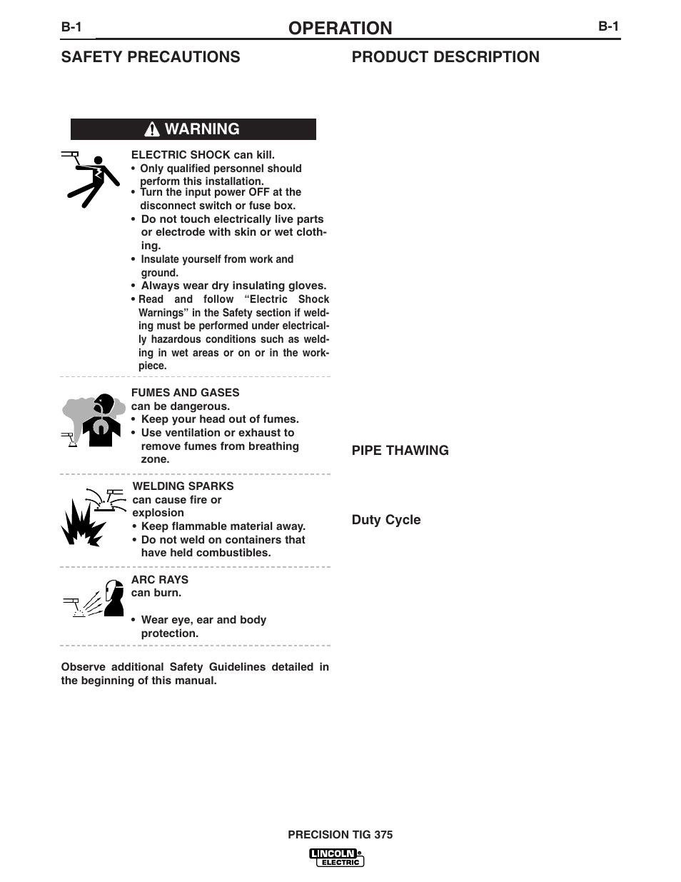 Operation, Product description, Safety precautions | Warning | Lincoln Electric IM703 PRECISION TIG 375 User Manual | Page 16 / 46