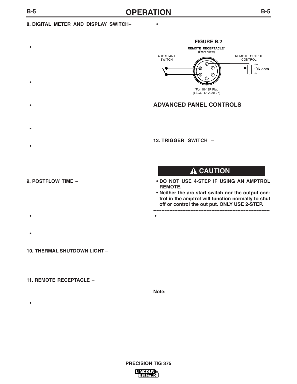 Operation, Caution, Advanced panel controls | Lincoln Electric IM703 PRECISION TIG 375 User Manual | Page 20 / 46