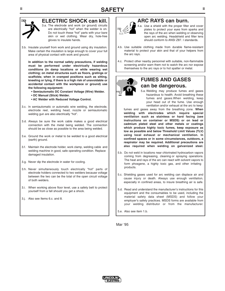 Safety, Arc rays can burn, Electric shock can kill | Fumes and gases can be dangerous | Lincoln Electric IM703 PRECISION TIG 375 User Manual | Page 3 / 46