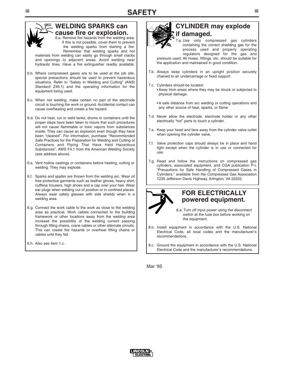 Safety, For electrically powered equipment, Cylinder may explode if damaged | Welding sparks can cause fire or explosion | Lincoln Electric IM703 PRECISION TIG 375 User Manual | Page 4 / 46