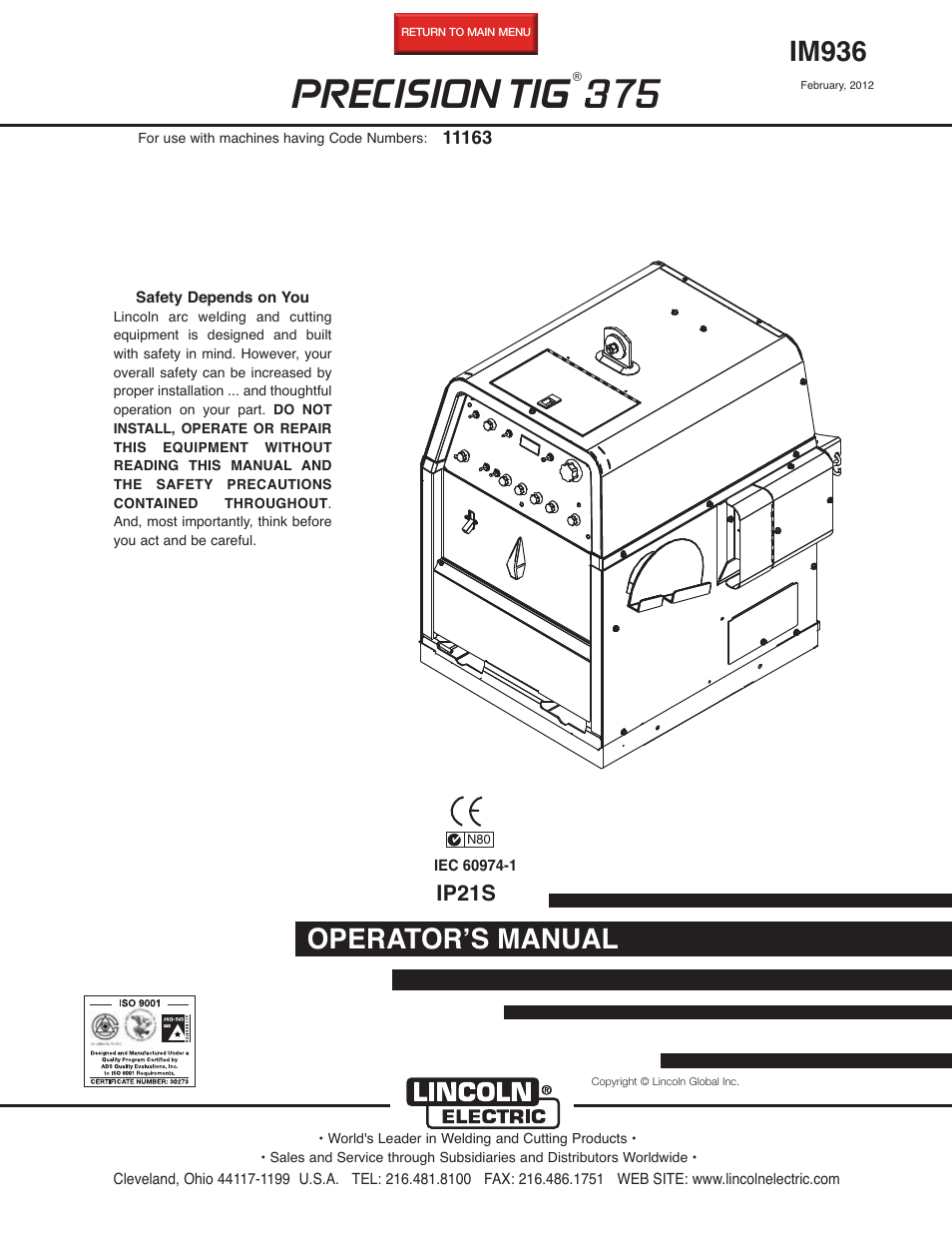 Lincoln Electric IM936 PRECISION TIG 375 User Manual | 44 pages