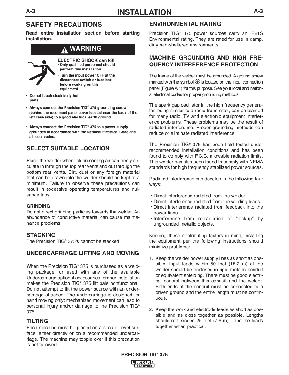 Installation, Safety precautions, Warning | Select suitable location, Stacking, Undercarriage lifting and moving, Tilting, Environmental rating | Lincoln Electric IM936 PRECISION TIG 375 User Manual | Page 10 / 44