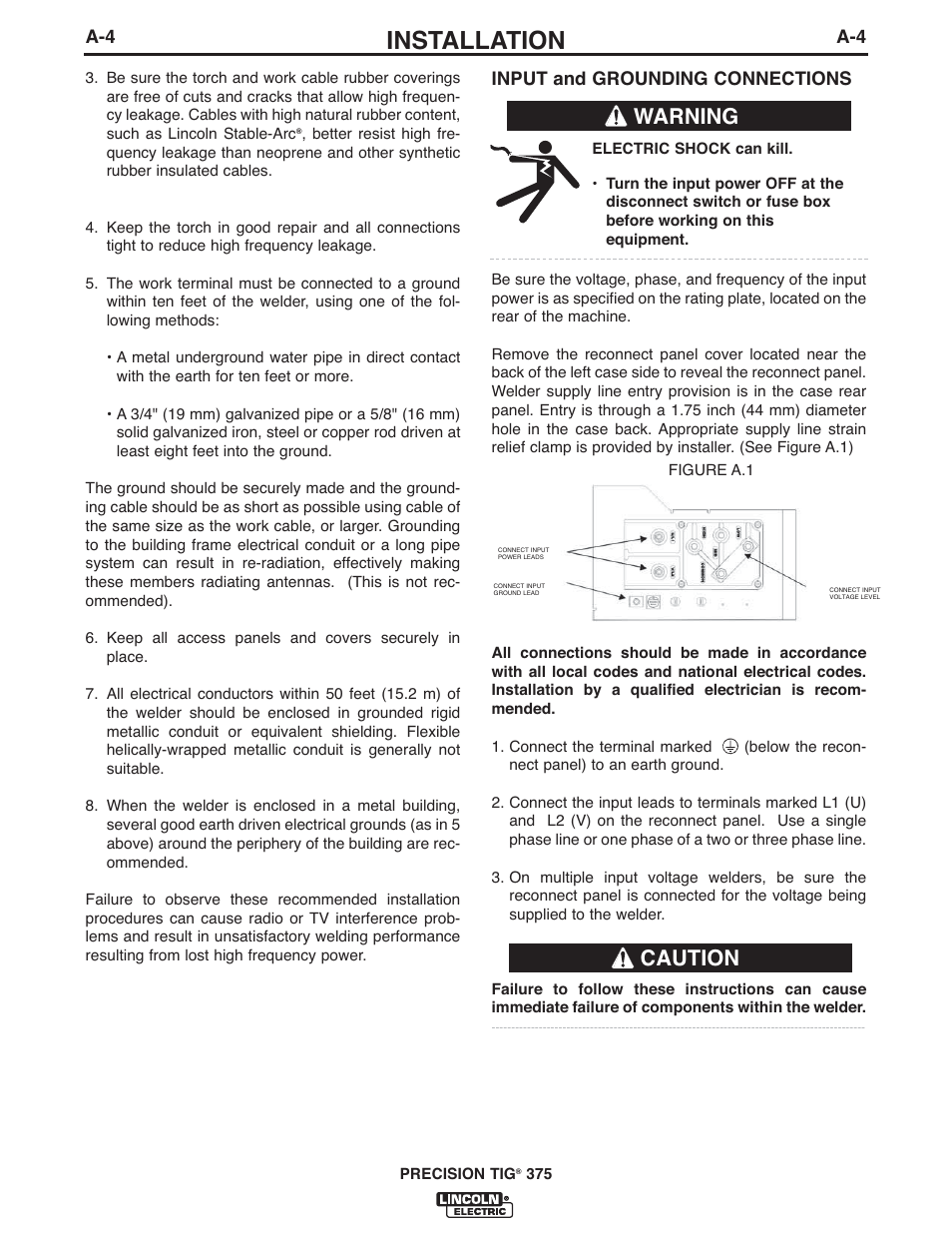 Installation, Warning, Caution | Lincoln Electric IM936 PRECISION TIG 375 User Manual | Page 11 / 44