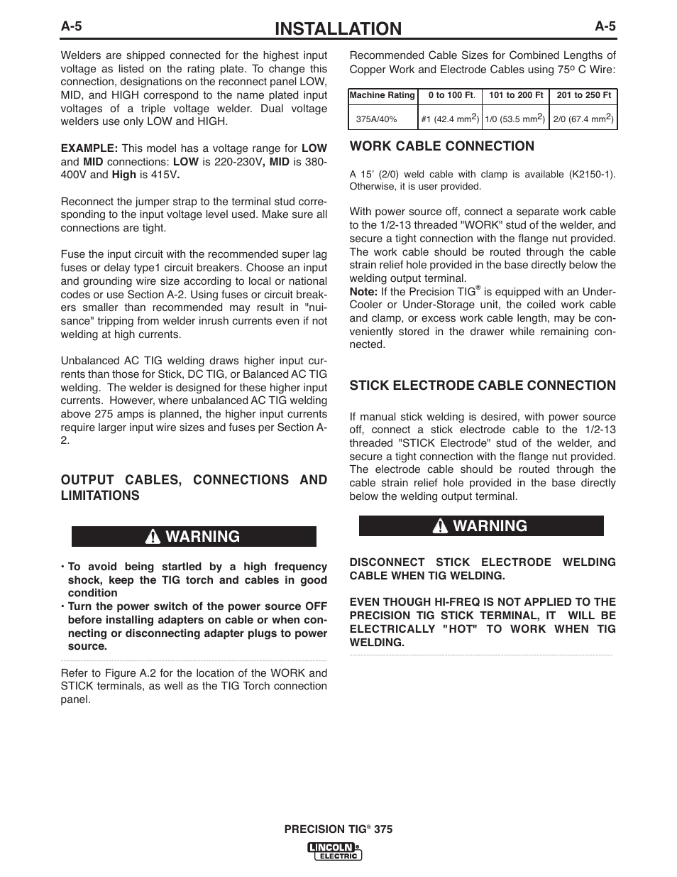 Installation, Warning | Lincoln Electric IM936 PRECISION TIG 375 User Manual | Page 12 / 44