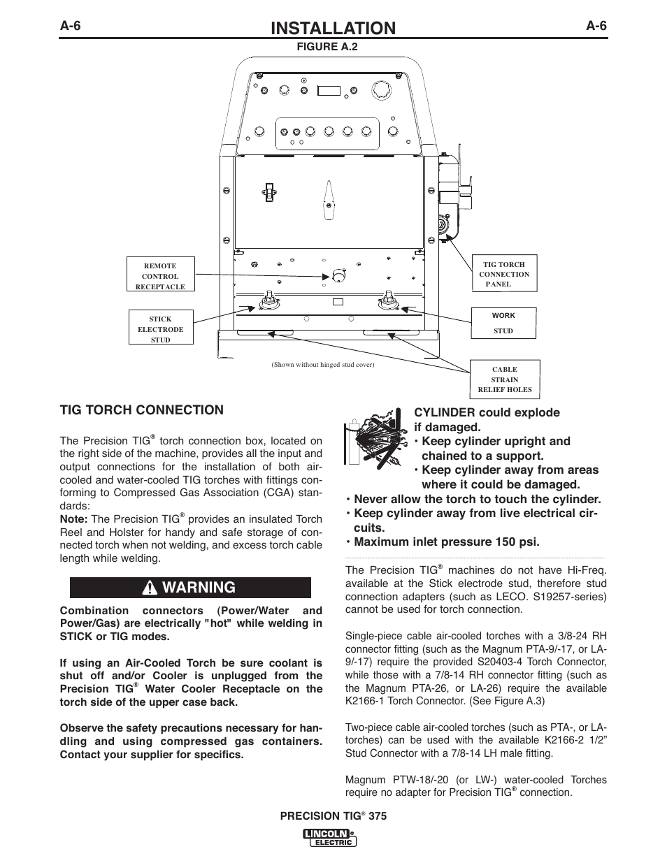 Installation, Warning, A-6 tig torch connection | Lincoln Electric IM936 PRECISION TIG 375 User Manual | Page 13 / 44