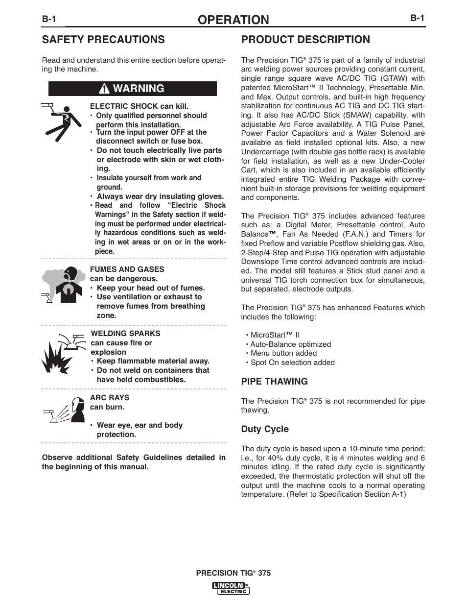 Operation, Product description, Safety precautions | Warning | Lincoln Electric IM936 PRECISION TIG 375 User Manual | Page 16 / 44