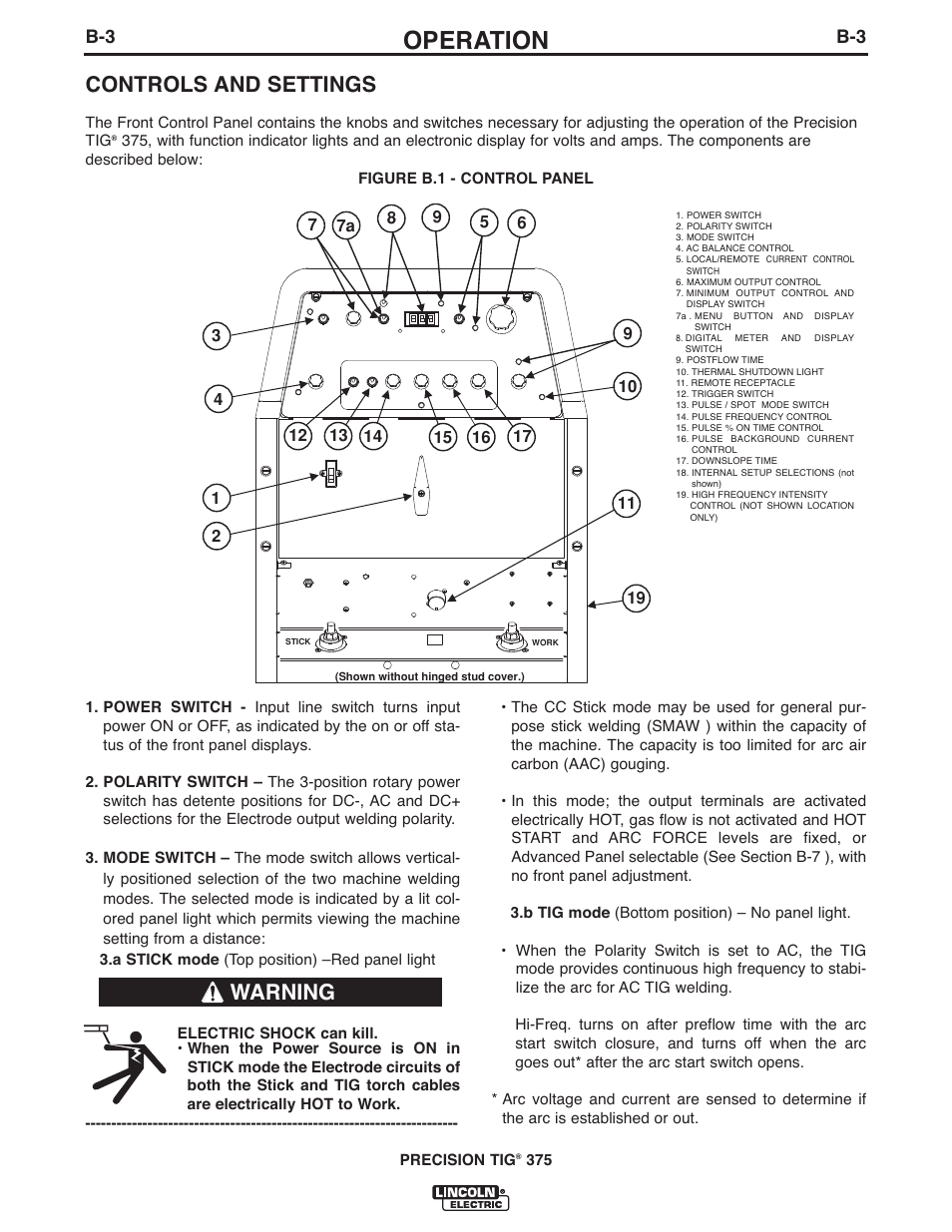 Operation, Controls and settings, Warning | Lincoln Electric IM936 PRECISION TIG 375 User Manual | Page 18 / 44