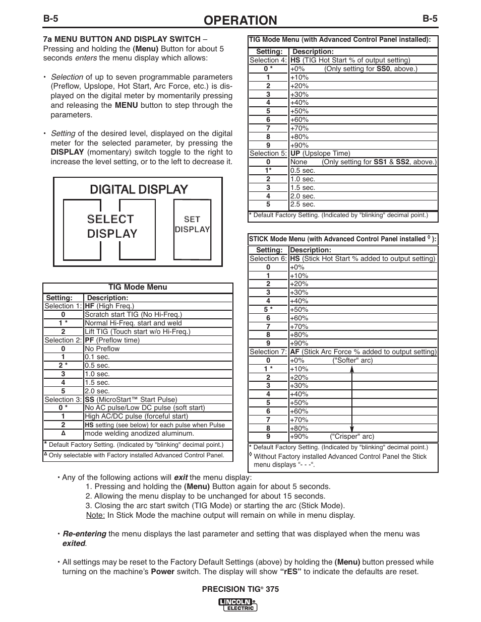 Operation, Digital display, Digital display select select display display | Lincoln Electric IM936 PRECISION TIG 375 User Manual | Page 20 / 44