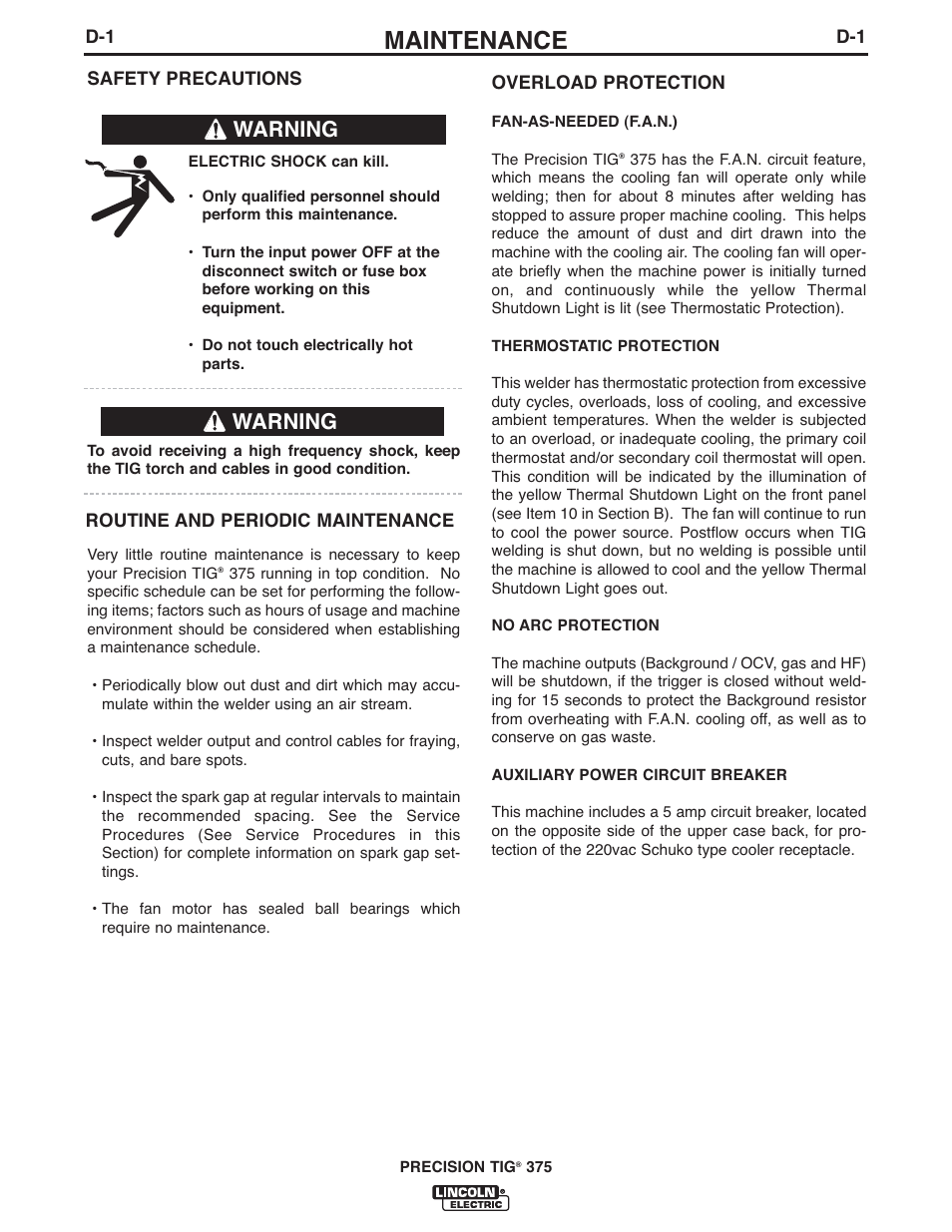 Maintenance, Warning | Lincoln Electric IM936 PRECISION TIG 375 User Manual | Page 30 / 44