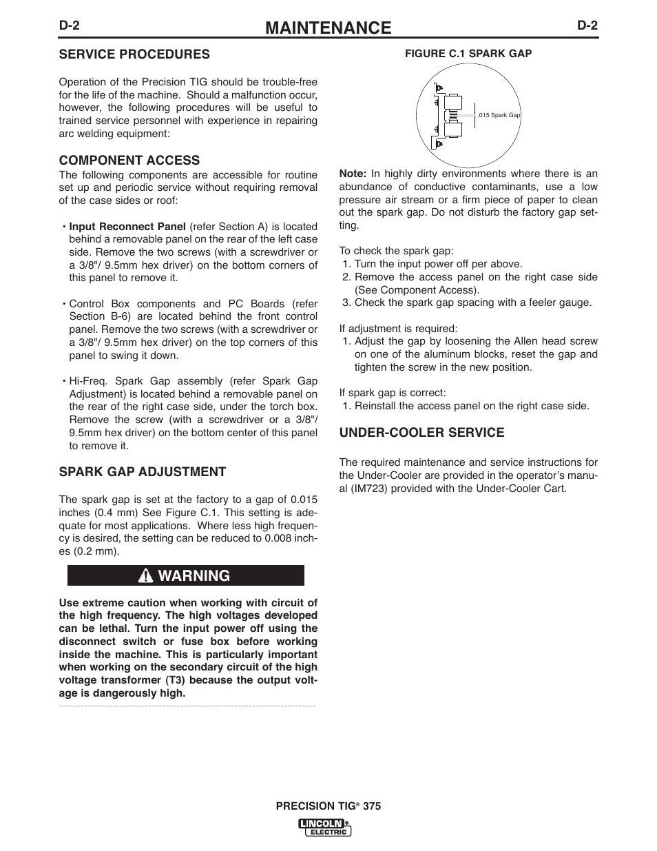 Maintenance, Warning | Lincoln Electric IM936 PRECISION TIG 375 User Manual | Page 31 / 44