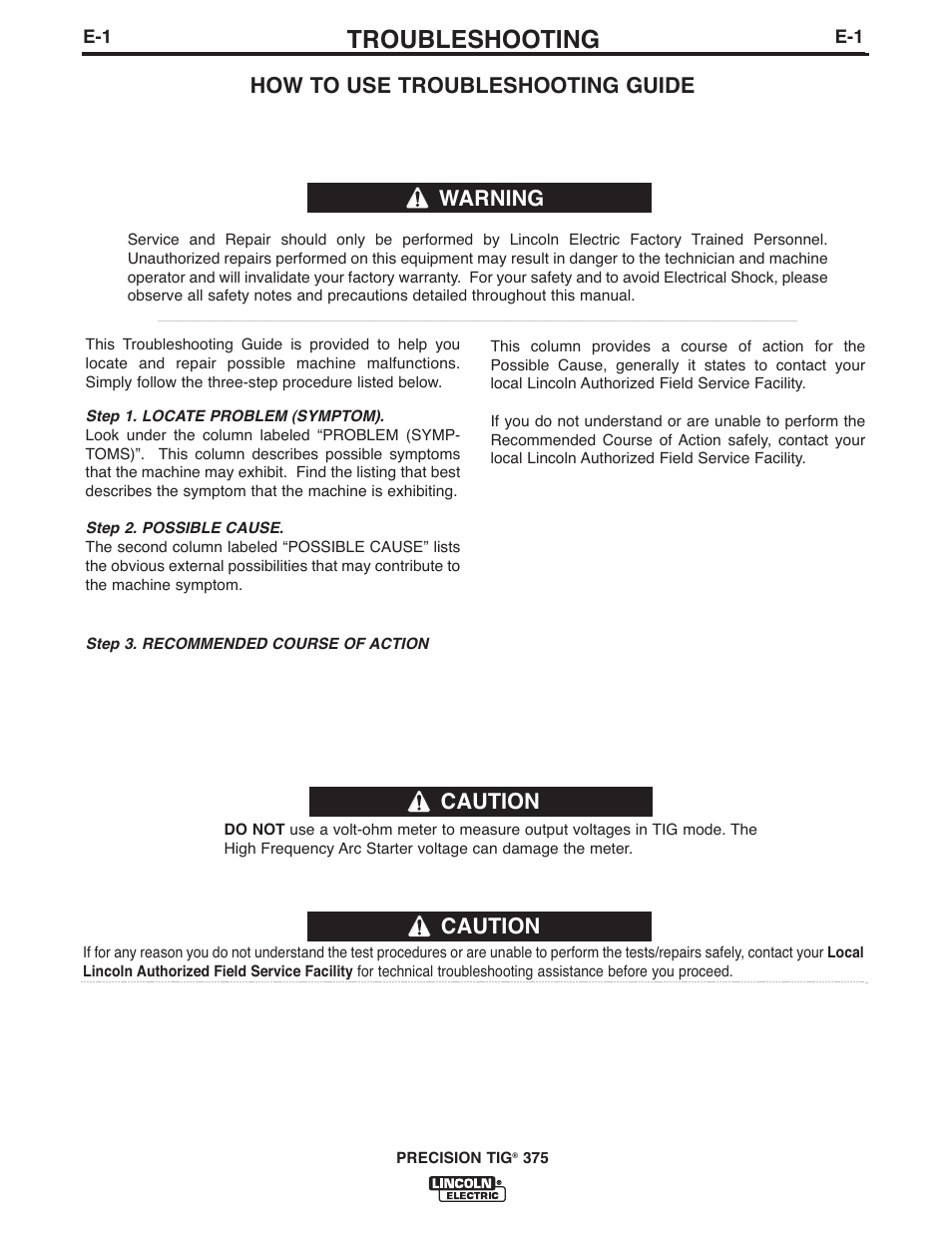 Troubleshooting, Caution, How to use troubleshooting guide | Warning | Lincoln Electric IM936 PRECISION TIG 375 User Manual | Page 32 / 44