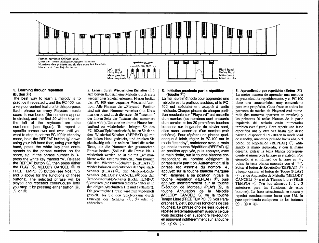 Learning through repetition (button ©), Initiation musicale par la répétition (touche ©) | Yamaha PC-100 User Manual | Page 11 / 28