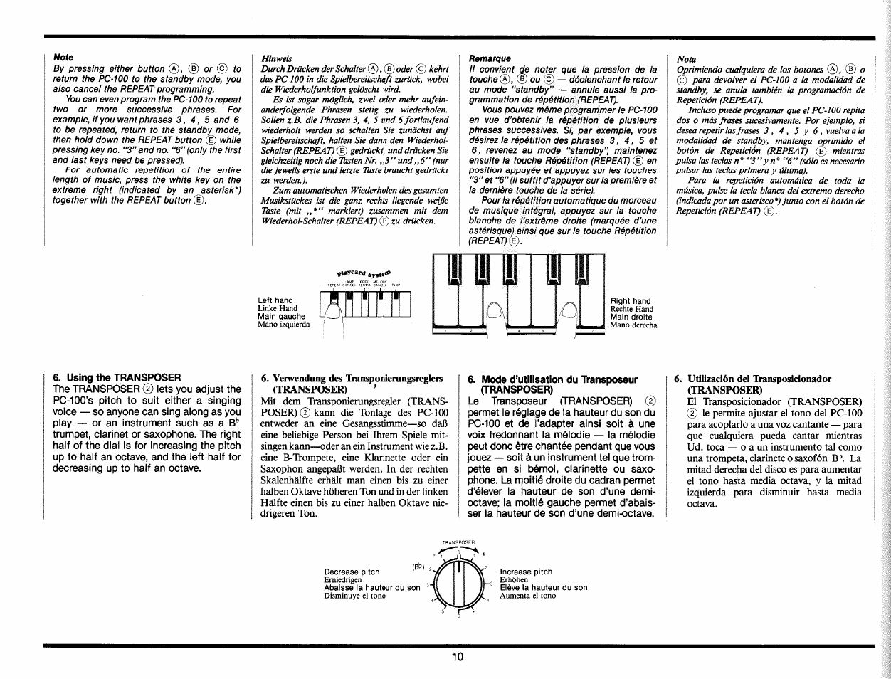 Using the transposer, Mode d’utilisation du transposeur (transposer) | Yamaha PC-100 User Manual | Page 12 / 28