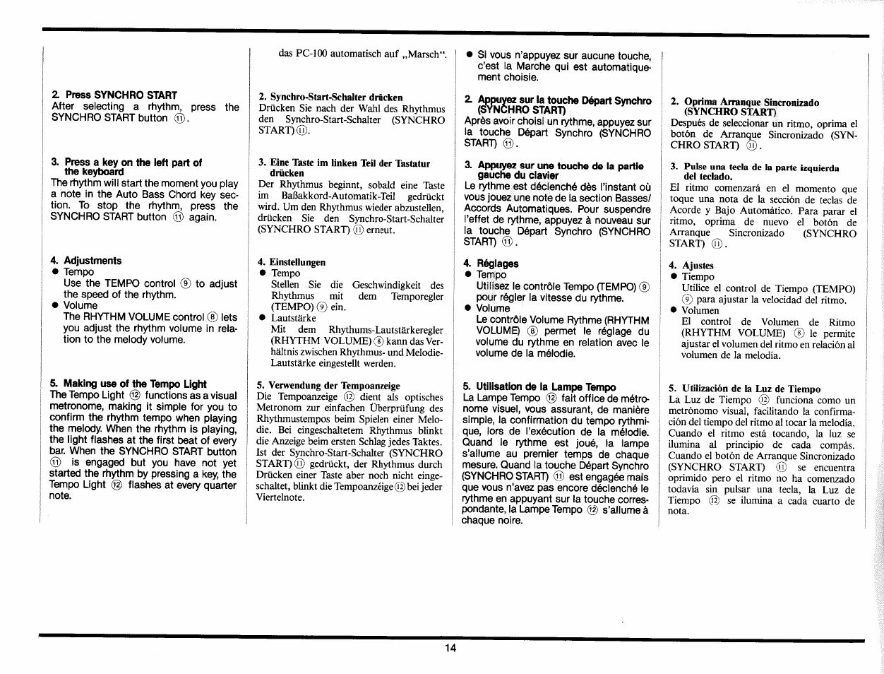 Z press synchro start, Press a key on the left part of the keytx>ard, Adjustments | Making use of the tempo light, Réglages, Utilisation de la lampe tempo | Yamaha PC-100 User Manual | Page 16 / 28