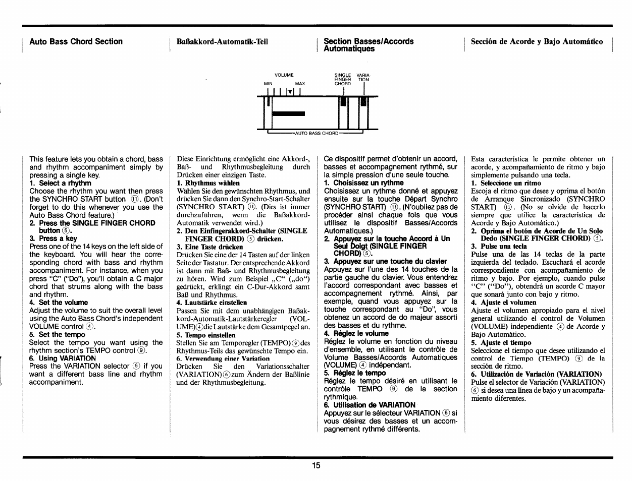 Auto bass chord section, Baßakkord-automatik-teil, Section basses/accords automatiques | Sección de acorde y bajo automático, Select a rhythm, Press the single finger chord button, Press a key, Set the volume, Set the tempo, Using variation | Yamaha PC-100 User Manual | Page 17 / 28