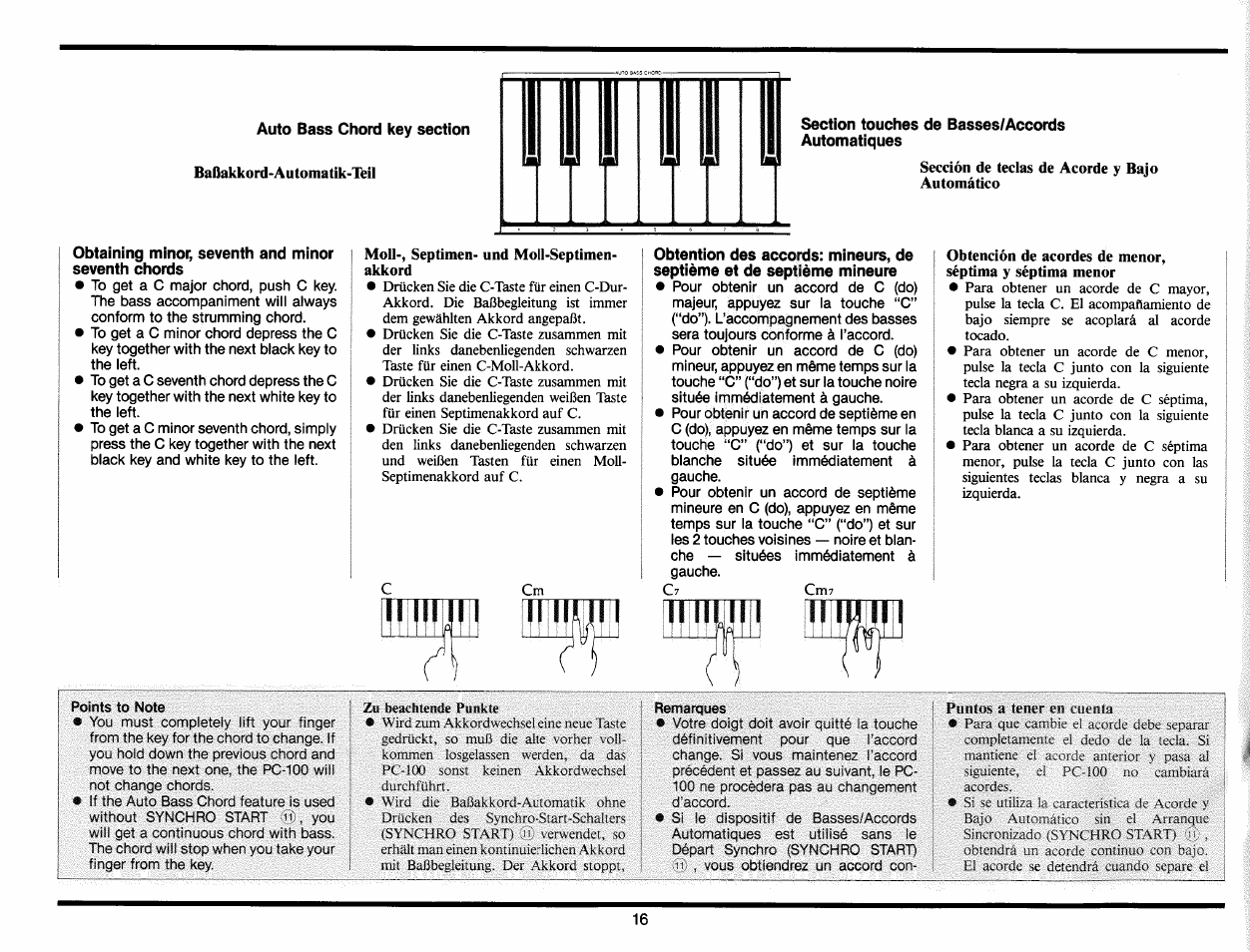 Auto bass chord key section, Baßakkord-automatik-teil, Section touches de basses/accords automatiques | Obtaining minor, seventh and minor seventh chords, Moll-, septimen- und moll-septimen- akkord, Obtención de acordes de menor | Yamaha PC-100 User Manual | Page 18 / 28