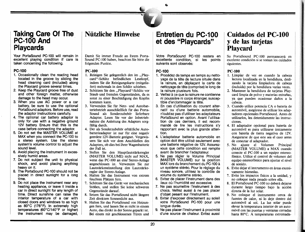 Nützliche hinweise, Pc-100, Entretien du pc-100 et des “playcards | Cuidados del pc-100 y de las taijetas playcard, Taking care of the pc-100 and playcards | Yamaha PC-100 User Manual | Page 22 / 28