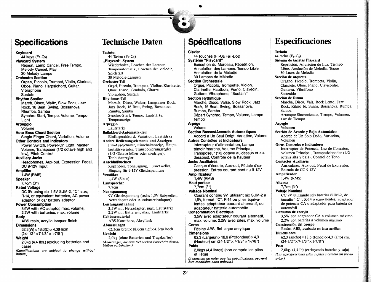 Technische daten, Especificaciones, Specifications | Spécifications | Yamaha PC-100 User Manual | Page 24 / 28