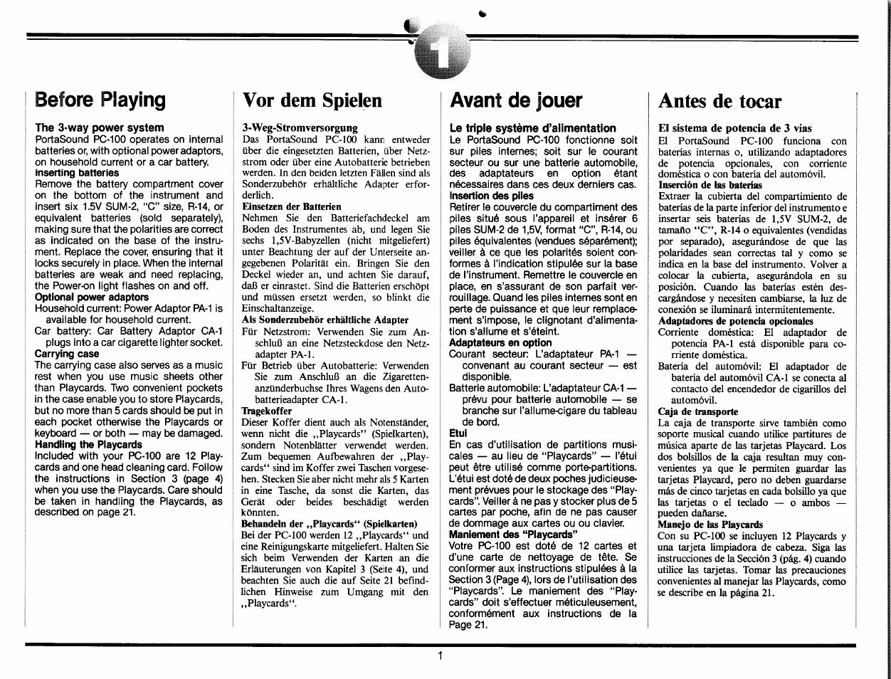Before playing, The 3-way power system, Vor dem spielen | Avant de jouer, Le triple système d’alimentation, Antes de tocar | Yamaha PC-100 User Manual | Page 3 / 28