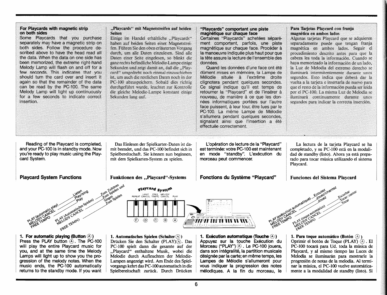 Fonctions du système “playcard, For automatic playing (button @), Exécution automatique (touche ® ) | Yamaha PC-100 User Manual | Page 8 / 28