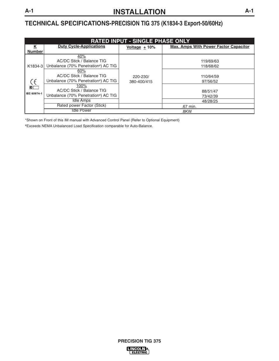 Installation, Rated input - single phase only | Lincoln Electric IM909 PRECISION TIG 375 User Manual | Page 10 / 46