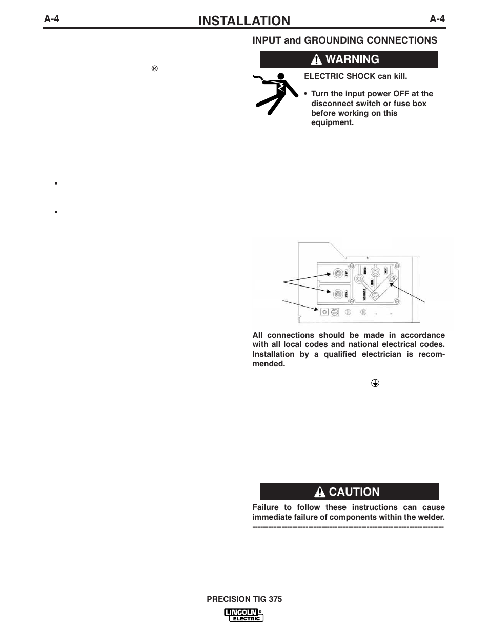 Installation, Warning, Caution | Lincoln Electric IM909 PRECISION TIG 375 User Manual | Page 13 / 46