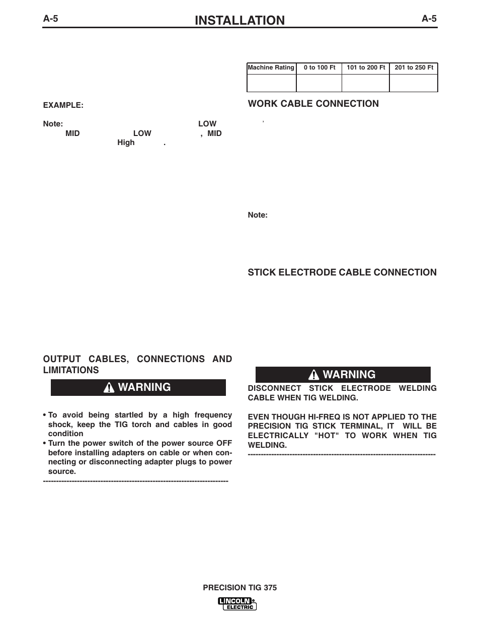 Installation, Warning | Lincoln Electric IM909 PRECISION TIG 375 User Manual | Page 14 / 46