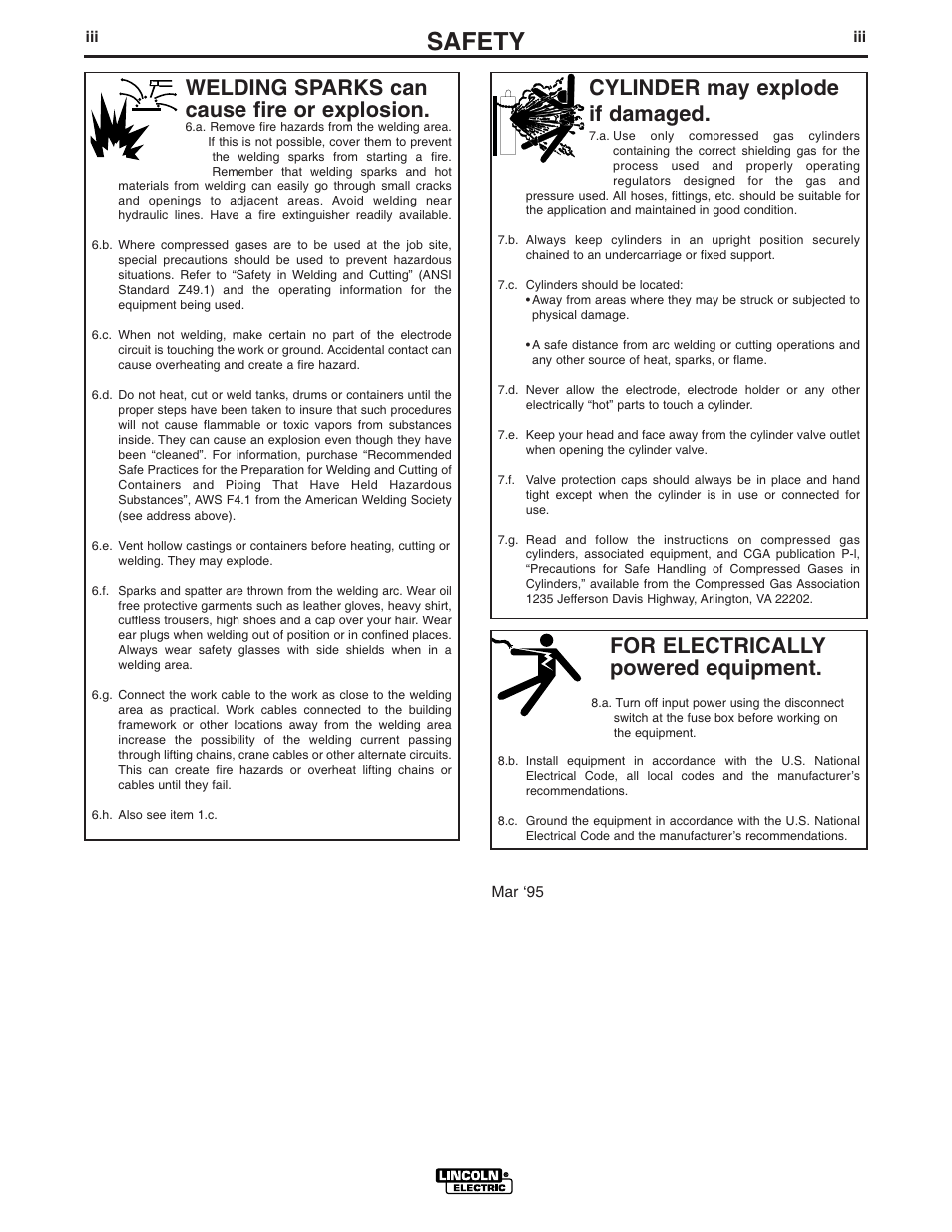 Safety, For electrically powered equipment, Cylinder may explode if damaged | Welding sparks can cause fire or explosion | Lincoln Electric IM909 PRECISION TIG 375 User Manual | Page 4 / 46