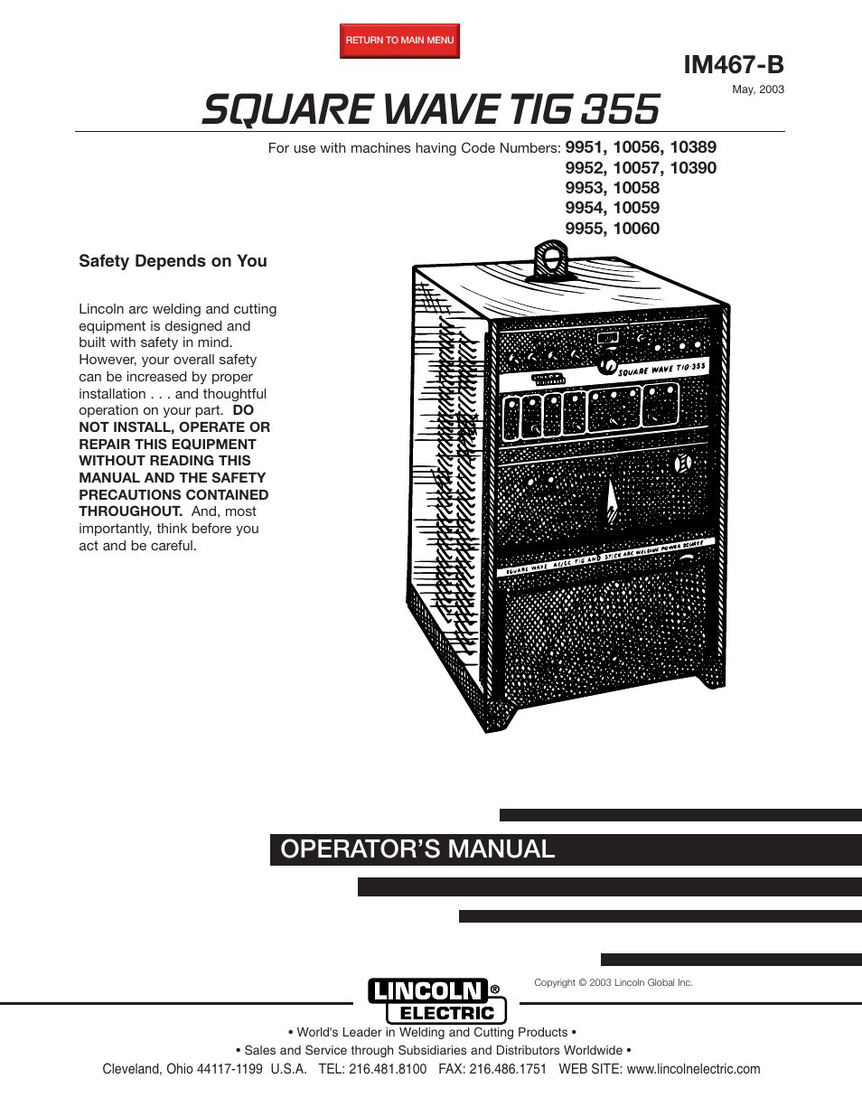 Lincoln Electric IM467 SQUARE WAVE TIG 355 User Manual | 52 pages