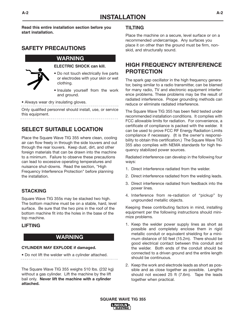 Installation, Safety precautions, Select suitable location | High frequency interference protection, Warning | Lincoln Electric IM467 SQUARE WAVE TIG 355 User Manual | Page 10 / 52