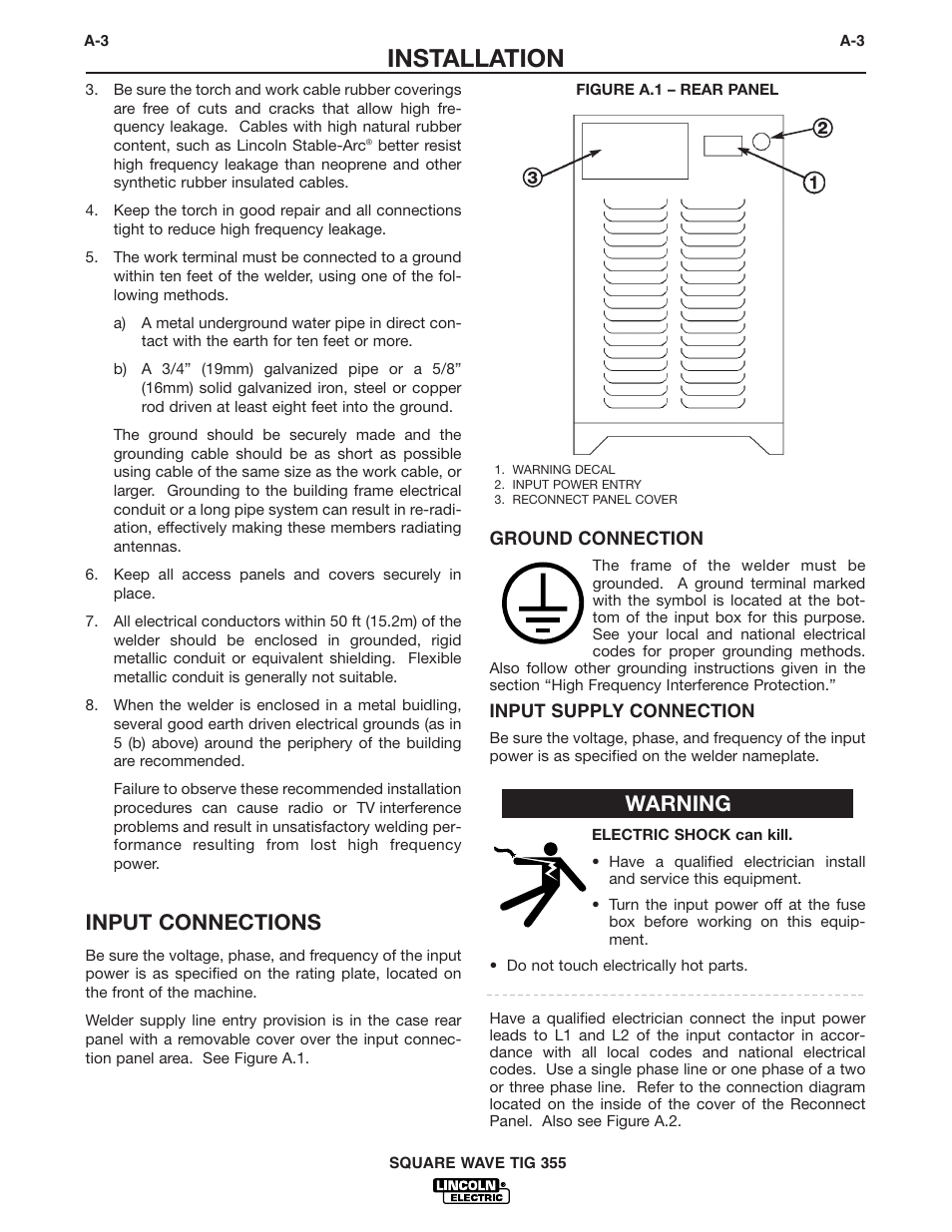 Installation, Input connections, Warning | Lincoln Electric IM467 SQUARE WAVE TIG 355 User Manual | Page 11 / 52