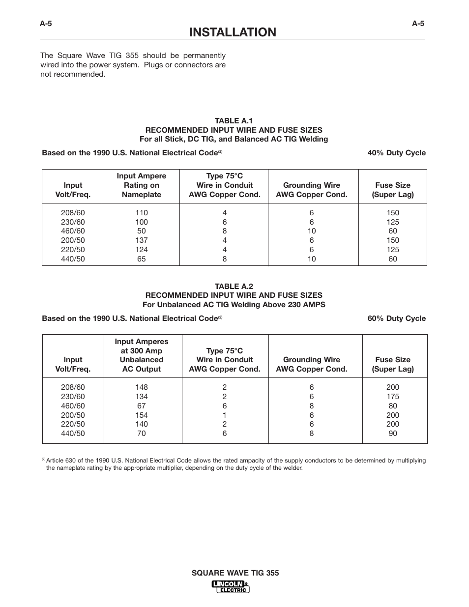 Installation | Lincoln Electric IM467 SQUARE WAVE TIG 355 User Manual | Page 13 / 52