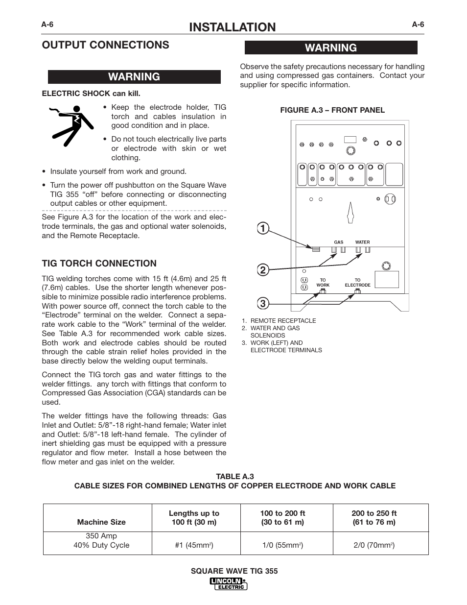 Installation, Output connections, Warning | Lincoln Electric IM467 SQUARE WAVE TIG 355 User Manual | Page 14 / 52