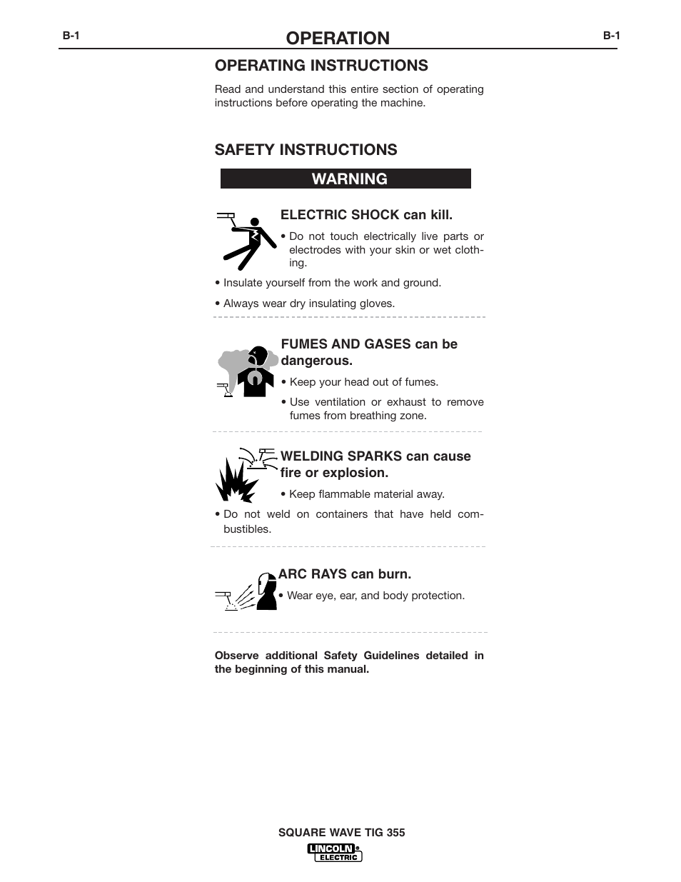 Operation, Operating instructions, Safety instructions | Warning | Lincoln Electric IM467 SQUARE WAVE TIG 355 User Manual | Page 16 / 52