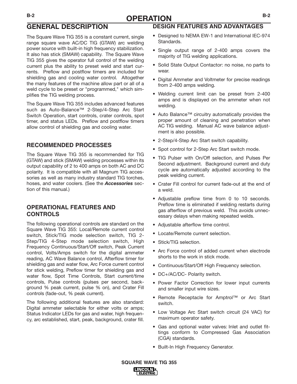 Operation, General description | Lincoln Electric IM467 SQUARE WAVE TIG 355 User Manual | Page 17 / 52