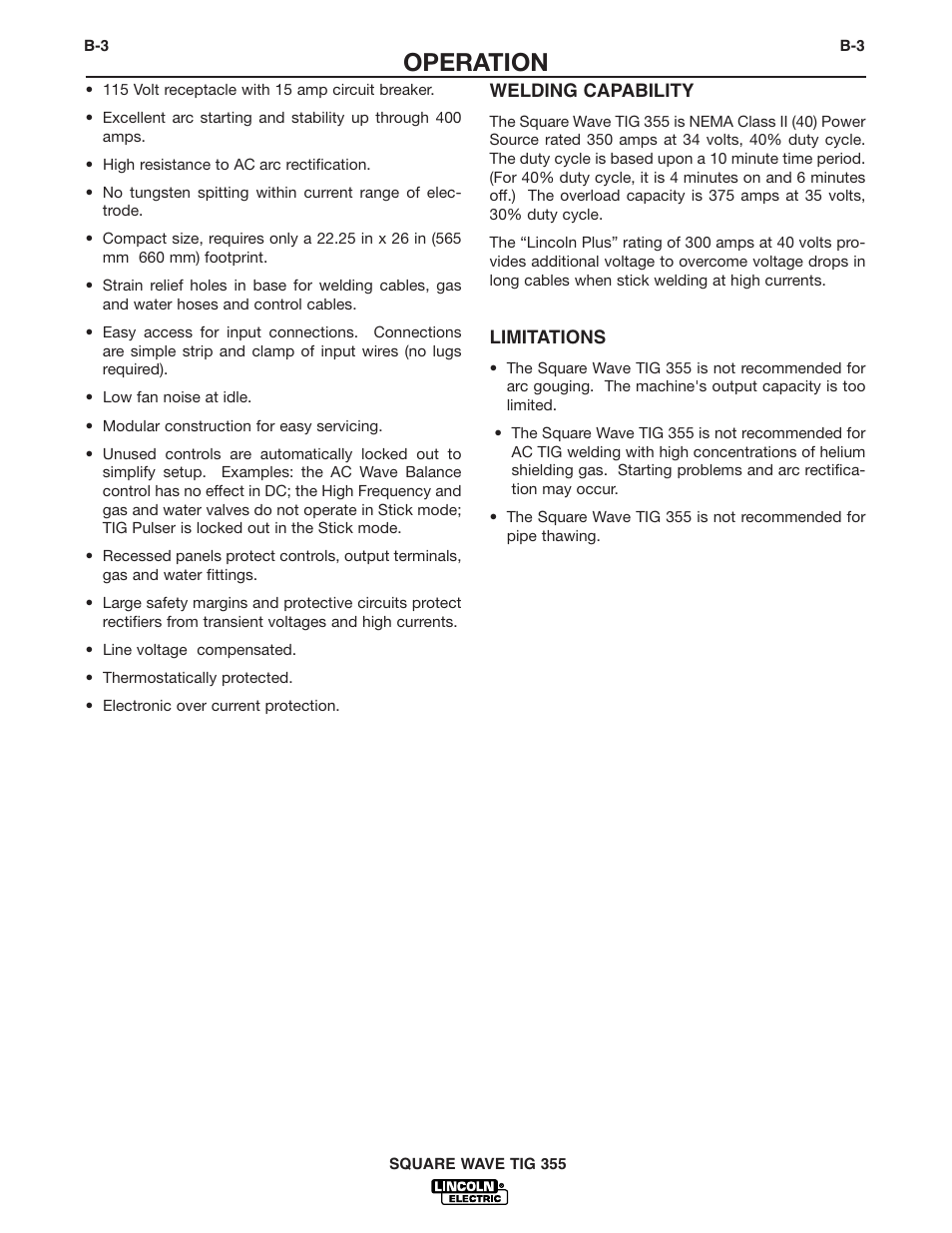 Operation | Lincoln Electric IM467 SQUARE WAVE TIG 355 User Manual | Page 18 / 52