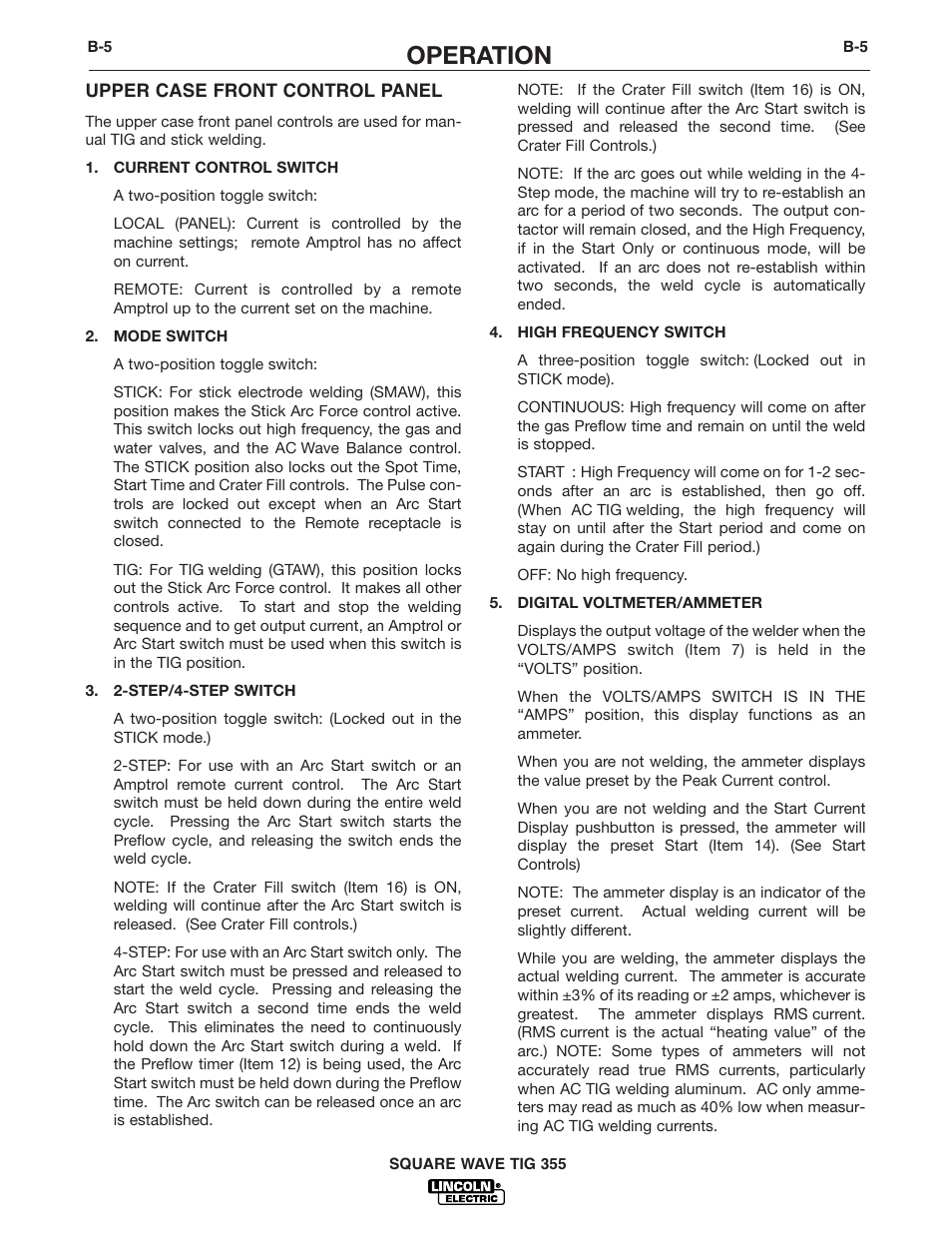 Operation | Lincoln Electric IM467 SQUARE WAVE TIG 355 User Manual | Page 20 / 52